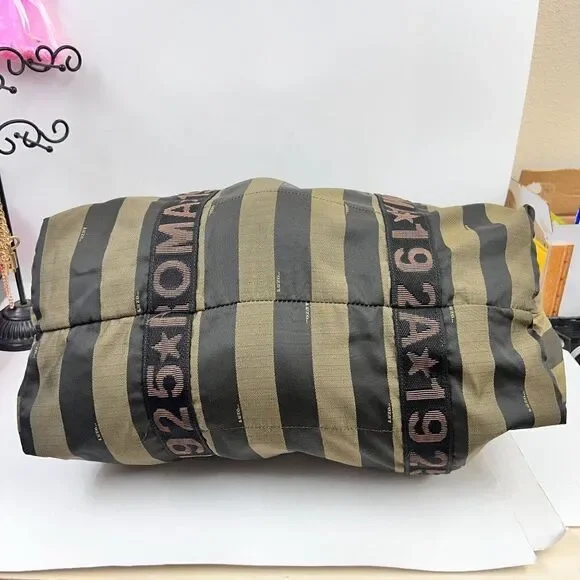 Auth Fendi Logo Weekender Overnight Pequin Stripe Bag Olive Canvas